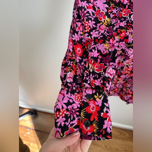 Zara Floral Long Sleeve Mini Dress Pink Red Keyhole Back Women’s Size Small - Picture 5 of 7